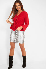 Red Tie Waist Long Sleeve Top - Floria-Tops