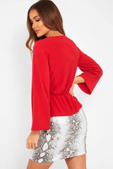 Red Tie Waist Long Sleeve Top - Floria-Tops