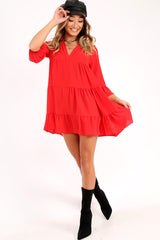 Red Tiered Ruffle Shift Dress - Abri-Dresses