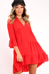 Red Tiered Ruffle Shift Dress - Abri-Dresses