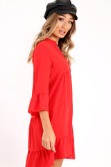 Red Tiered Ruffle Shift Dress - Abri-Dresses