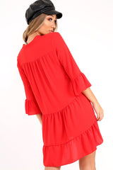 Red Tiered Ruffle Shift Dress - Abri-Dresses