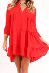 Red Tiered Ruffle Shift Dress - Abri-Dresses