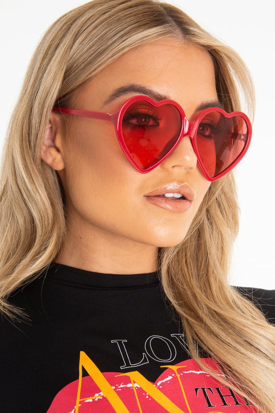 Red Tinted Lens Heart Shape Sunglasses - Elleah