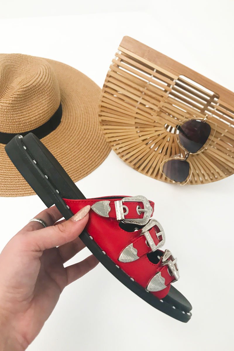Red Triple Buckle Sandals - Winslow-Sliders