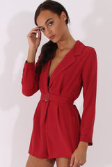 Red Utility Belted Playsuit - Charlee-Playsuits