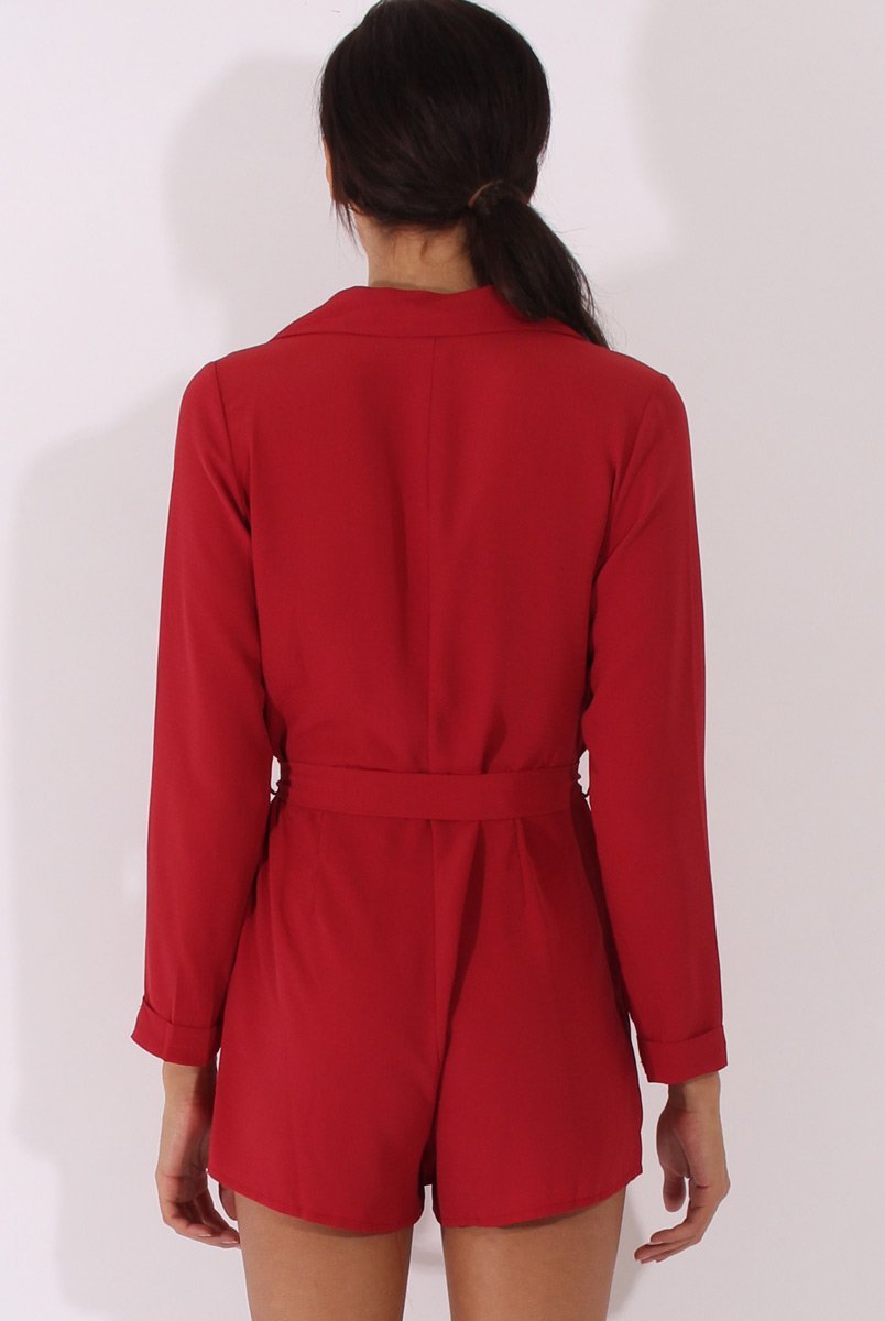 Red Utility Belted Playsuit - Charlee-Playsuits