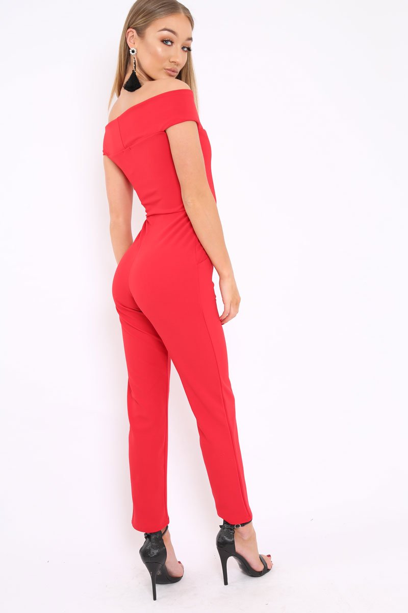 Red V Bardot Jumpsuit - Izzabell-Jumpsuits