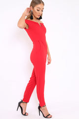 Red V Bardot Jumpsuit - Izzabell-Jumpsuits