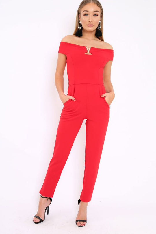 Red V Bardot Jumpsuit - Izzabell