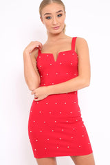 Red V Cut Pearl Bodycon Mini Dress - Sherrie-Dresses