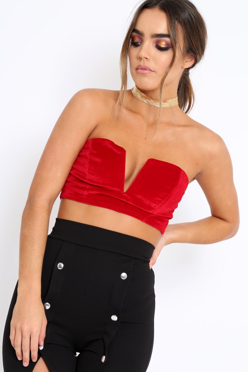 Red V Front Velvet Boob Tube - Evelyn-Crop Tops