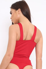 Red V Neck Strap Bandeau Bodysuit - Karlah-Bodysuits