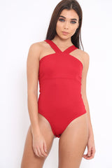 Red V Neck Strap Bandeau Bodysuit - Karlah-Bodysuits