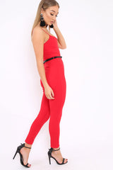 Red V- Plunge Gold Belt Jumpsuit -Izela-Jumpsuits