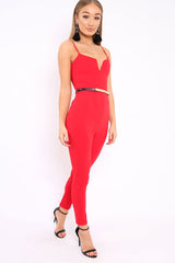 Red V- Plunge Gold Belt Jumpsuit -Izela-Jumpsuits