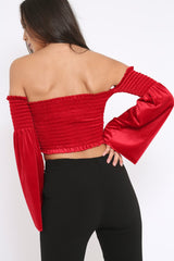 Red Velvet Bardot Shirred Crop Top with Flared Sleeves - Shera-Crop Tops
