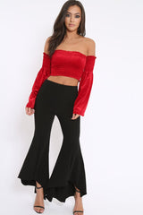 Red Velvet Bardot Shirred Crop Top with Flared Sleeves - Shera-Crop Tops