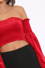 Red Velvet Bardot Shirred Crop Top with Flared Sleeves - Shera-Crop Tops