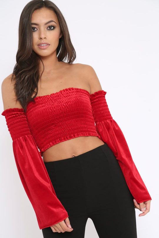 Red Velvet Bardot Shirred Crop Top with Flared Sleeves - Shera