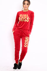 Red Velvet Girl Boss Slogan Tracksuit - Kacie-Loungewear