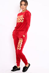Red Velvet Girl Boss Slogan Tracksuit - Kacie-Loungewear