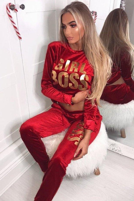 Red Velvet Girl Boss Slogan Tracksuit - Kacie