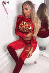 Red Velvet Girl Boss Slogan Tracksuit - Kacie-Loungewear