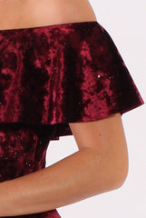 Red Velvet Sparkle Bardot Frill Dress - Bree-Dresses