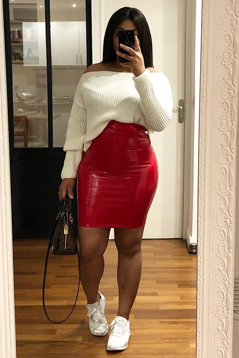 Red Vinyl Bodycon Midi Skirt - Kemani-Skirts