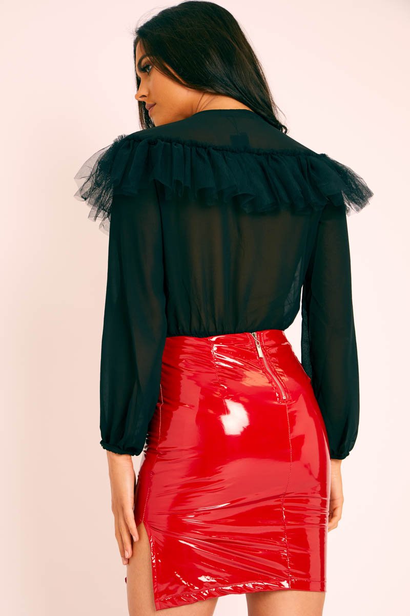 Red Vinyl Split Side Mini Skirt - Keagan-Skirts