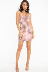 Red White Check Sleeveless Shirred Cup Midi Dress - Suzi-Dresses
