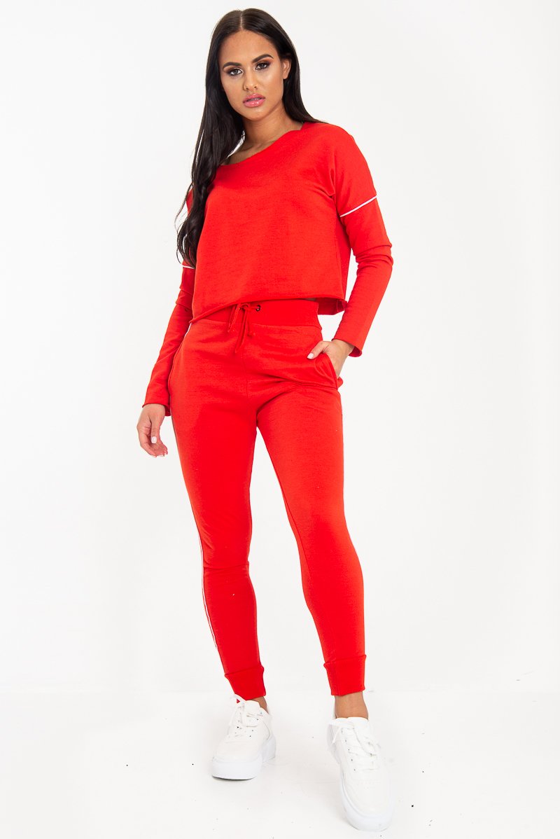 Red White Detail Line Sweatshirt and Jogger Set - Shealee-Tracksuits