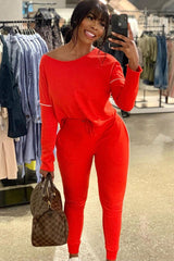 Red White Detail Line Sweatshirt and Jogger Set - Shealee-Tracksuits