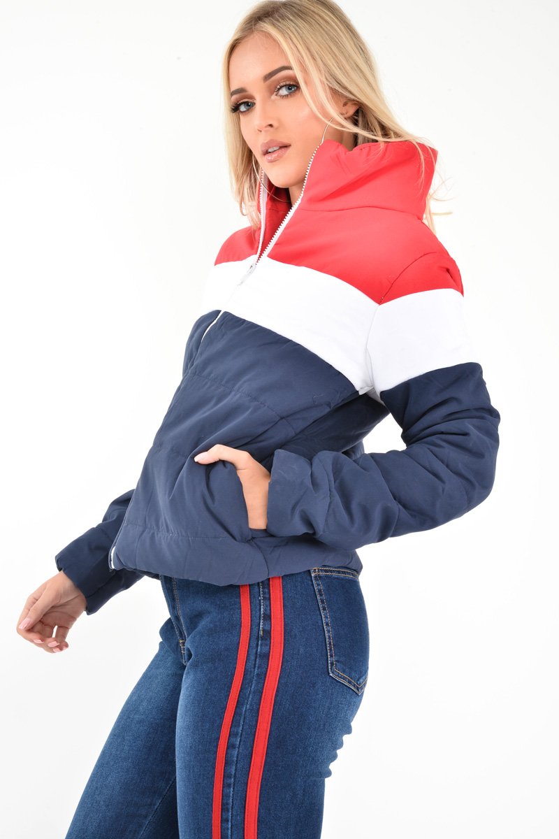 Red White Navy Colour Block Puffer Jacket - Kenzlee-Jackets