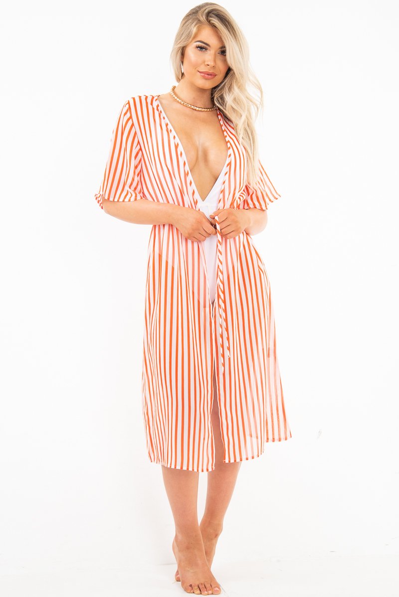 Red White Stripe Chiffon Plunge Tie Front Midi Dress - Priscilla-Dresses