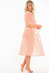 Red White Stripe Chiffon Plunge Tie Front Midi Dress - Priscilla-Dresses