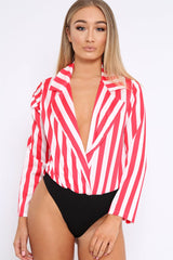 Red & White Striped Open Collar Bodysuit - Torie-Bodysuits