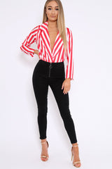 Red & White Striped Open Collar Bodysuit - Torie-Bodysuits