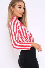 Red & White Striped Open Collar Bodysuit - Torie-Bodysuits