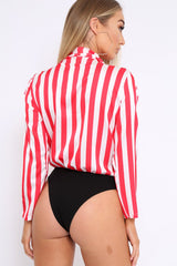 Red & White Striped Open Collar Bodysuit - Torie-Bodysuits