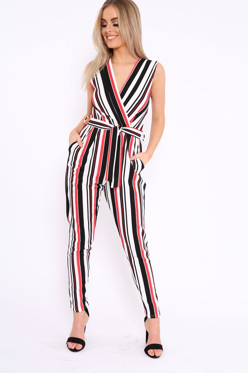 Red White and Black Stripe Plunge Jumpsuit - Koen-Jumpsuits