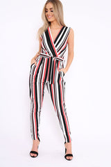 Red White and Black Stripe Plunge Jumpsuit - Koen-Jumpsuits