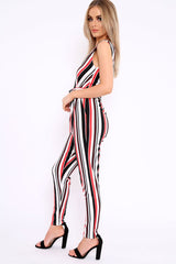 Red White and Black Stripe Plunge Jumpsuit - Koen-Jumpsuits