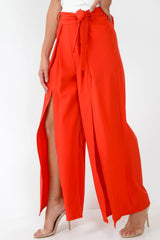 Red Wide Leg Belted Split Front Trousers - Aamira-Trousers