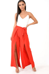 Red Wide Leg Belted Split Front Trousers - Aamira-Trousers