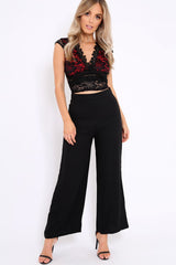 Red With Black Lace Plunge Top - Christy-Crop Tops