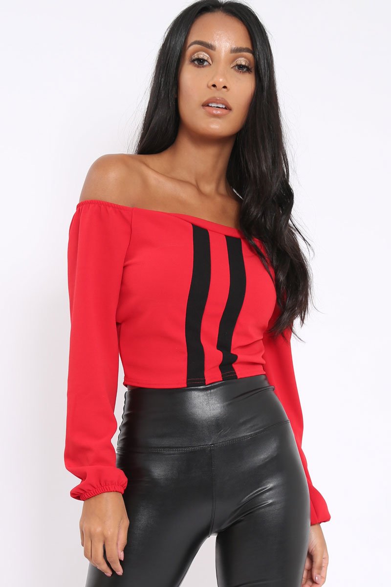Red With Black Stripe Bardot Crop Top - Livvie-Crop Tops