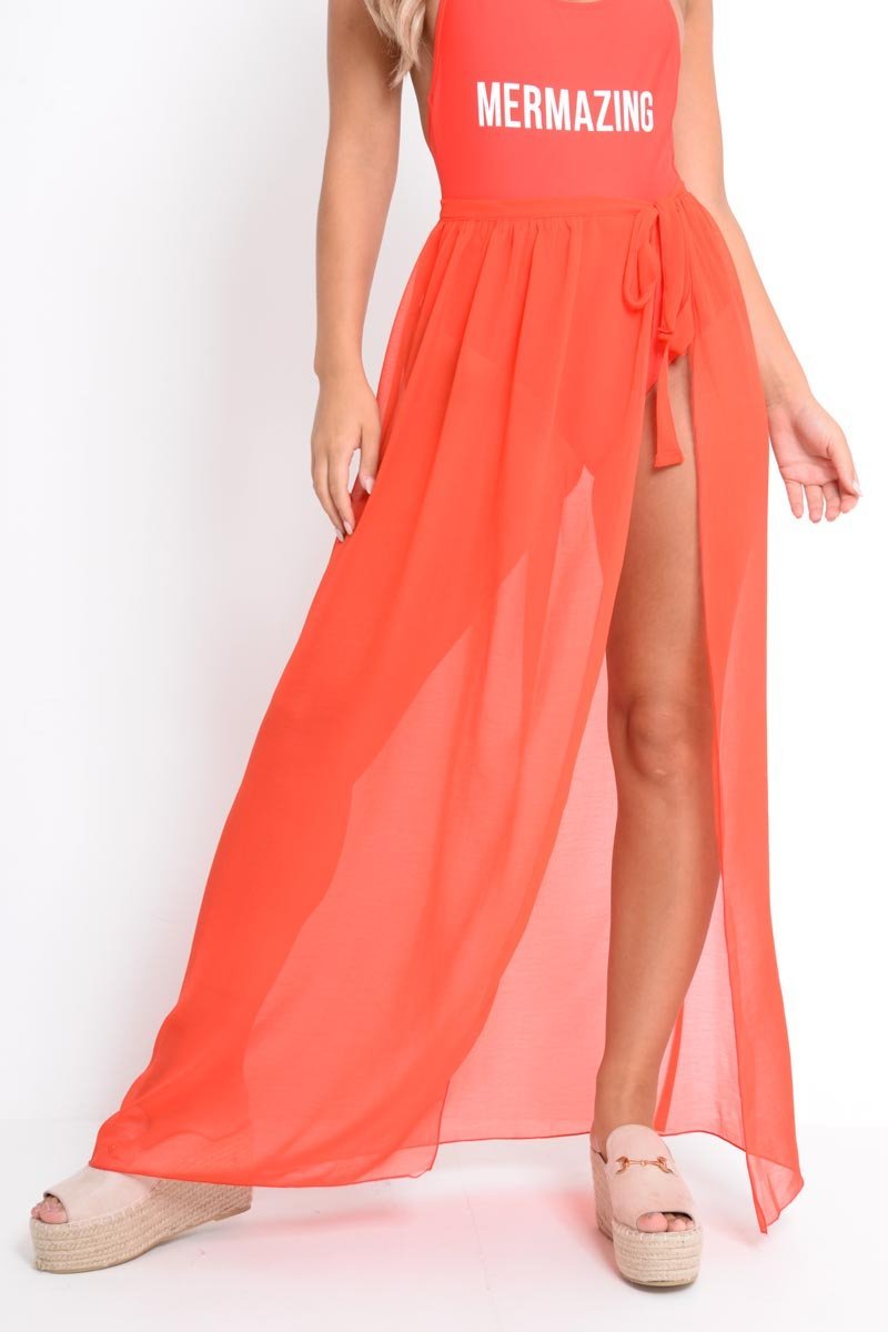Red Wrap Chiffon Maxi Skirt - Eveah-Skirts
