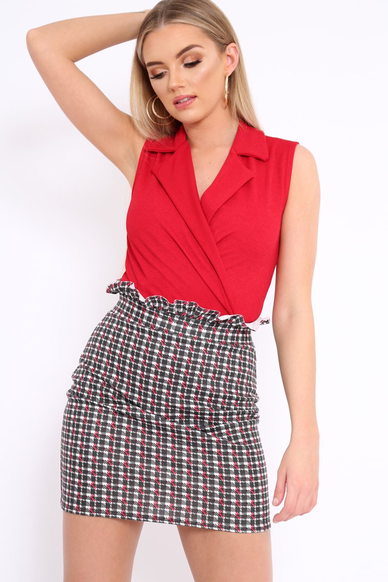 Red Wrap Front Blazer Style Bodysuit - Leiana-Bodysuits